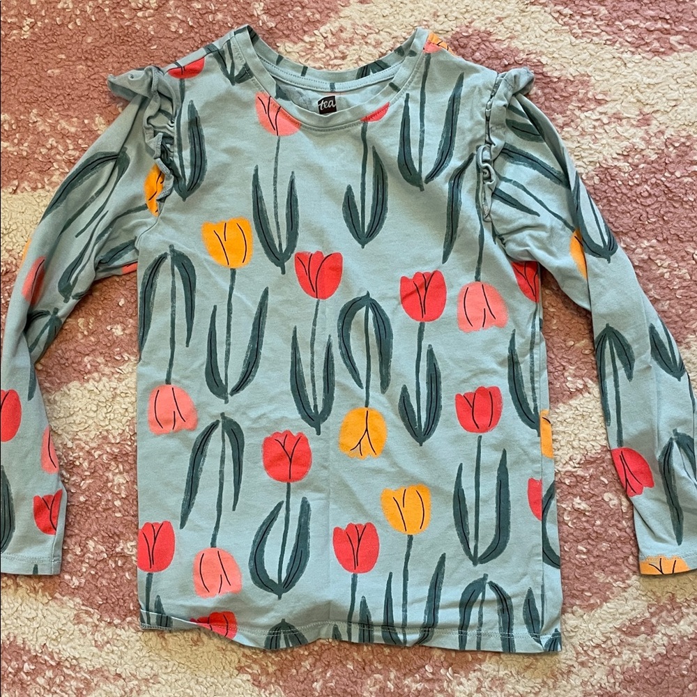 Tea Collection Light Blue Tulip Print Ruffle Shoulder Long Sleeve Top